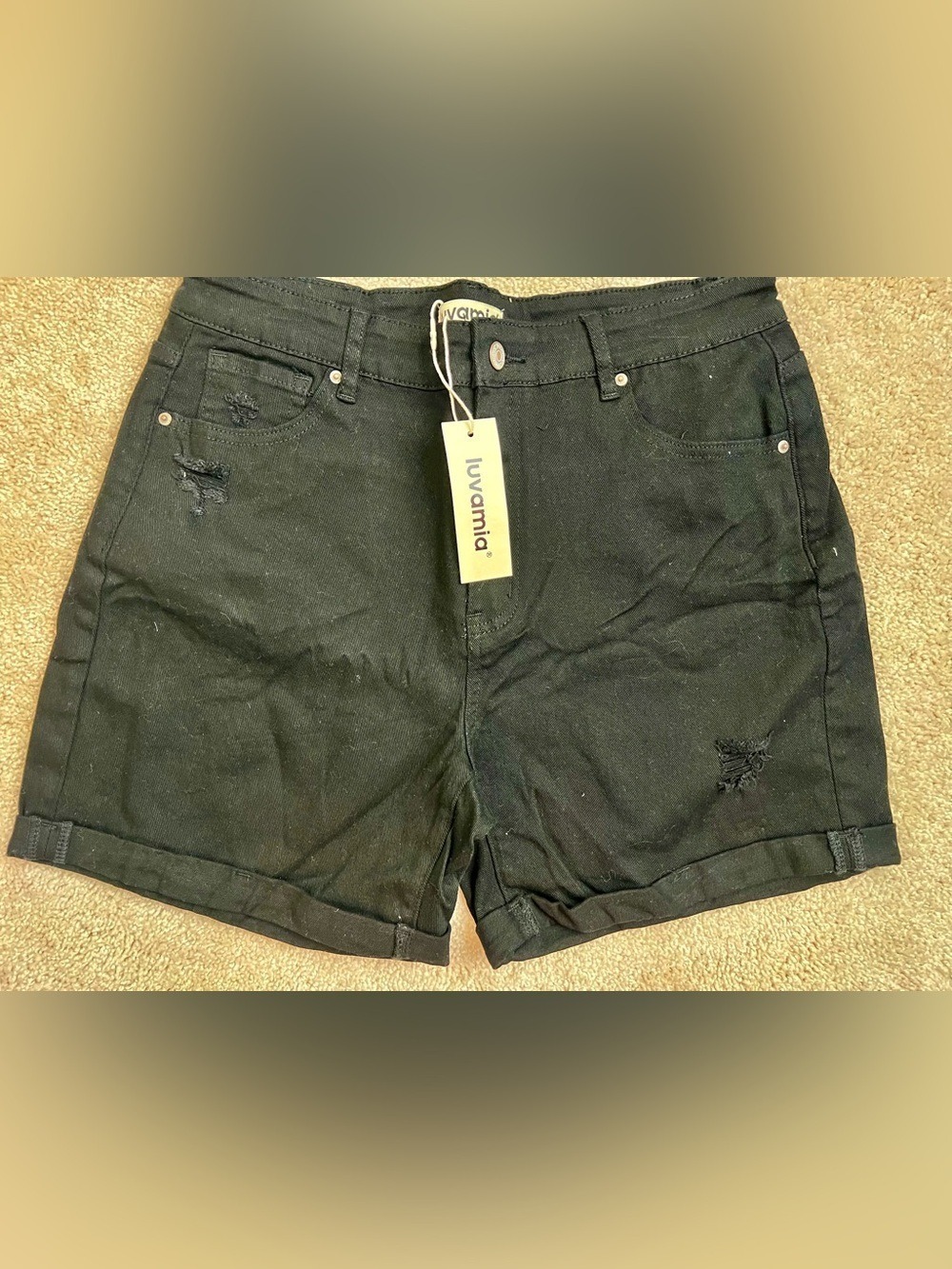 Luvamia NWT Black Distressed Denim Jean Shorts Rolled Cuffed Hem Mid Rise XL